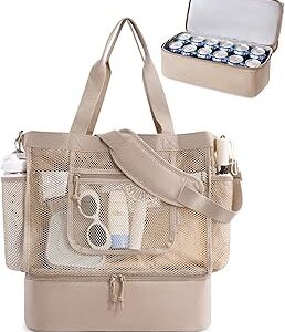 BAGSMART Beach Bag for Women, Mesh Tote Bags with Zipper, Sandproof Vacation Essentials with Cooler for Swim Cruise Pool