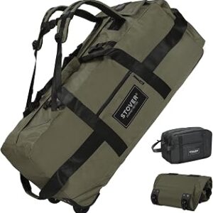 STOVER 45/80/100L Rolling Duffel Bag with Wheels, X-Large Durable Travel Duffle + Toiletry Bag, Heavy Duty, Packable with Shoulder Straps- Use as Luggage or Backpack, Men/Women (Green)