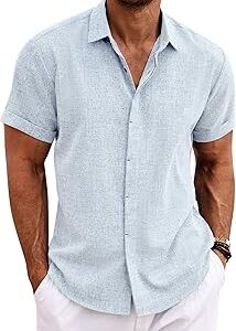 COOFANDY Men's Linen Shirts Short Sleeve Casual Shirts Button Down Shirt for Men Beach Summer Wedding Shirt