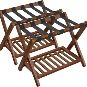 SONGMICS Solid Wood Luggage Racks, Set of 2, No Assembly Required, Foldable Suitcase Stand, Luggage Holder, with Storage Shelf, for Guest Room, Hotel, Bedroom, Coffee Brown URLR021K01