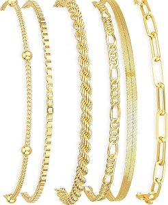 Mothers Day Gifts for Mom Gold Bracelets for Women Waterproof, 14K Gold Plated Jewelry Sets Trendy Thin Dainty Stackable Cuban Link Paperclip Chain Bracelet Pack Fashion Accessories Gifts for Womens