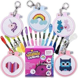 CRAFTILOO Cross Stitch Kit for Kids - 5 Easy Stamped Cross Stitch Kits for Beginners | Embroidery Kit for Girls Ages 7-13 | Needlepoint Craft Set, Backpack Charms & Keychains
