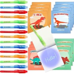 BONNYCO Invisible Ink Pen and Notebook Pack 16, Dinosaur Party Favors for Kids. Magic Spy Pen Goodie Bags Stuffers for Kids, Dinosaur Birthday Party Supplies. Goody Bag Stuffers, Return Gifts Prizes