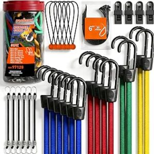 HORUSDY 31-Piece Premium Bungee Cords Assortment Jar, Includes 10”,18”,24”,32”,40” Bungee Cords, 6“ Zip Ties, 8”Canopy/Tarp Ball Ties and Crocodile Mouth Tarp Clips