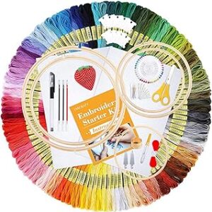 INSCRAFT 304 Pack Embroidery Kit, 200 Colors Threads, 5 Pcs Bamboo Embroidery Hoops, 2 Pcs Aida Cloth, Instructions, Bag and Cross Stitch Tools Set, Hand Embroidery Starter Kit for Beginners Adults