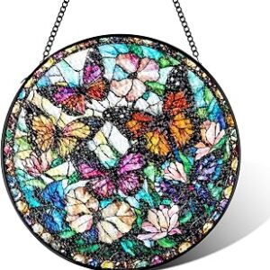 Stained Glass Window Hanging,Colorful Flower & Butterfly Suncatcher for Door Home,Sun Catcher with Chain Decor Decoration,Gift for Women Men Wife Mother's Day Birthday House Warming,7.8in