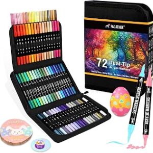 Pagather 72 Colors Acrylic Paint Markers, Dual Tip with Fine Tip and Brush Tip Pens for Stone, Wood, Calligraphy, Canvas, Ceramic, Metal, Glass, Rock Painting, DIY Crafts Art Supplies Kit