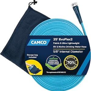 Camco EvoFlex2 25-ft Drinking Water Hose - RV Drinking Water Hose Reinforced with Fabric & Ultra Lightweight - Contains No Lead, No BPA & No Phthalate - Abrasion Resistant (22577)